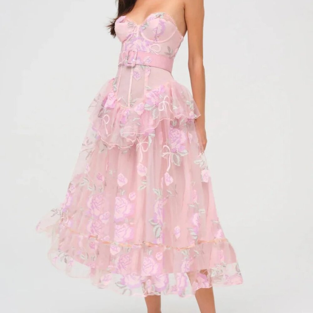 FOR LOVE & LEMONS Emmeline Embroidery Ruffle Midi Dress Size XS NWT - Picture 1 of 17